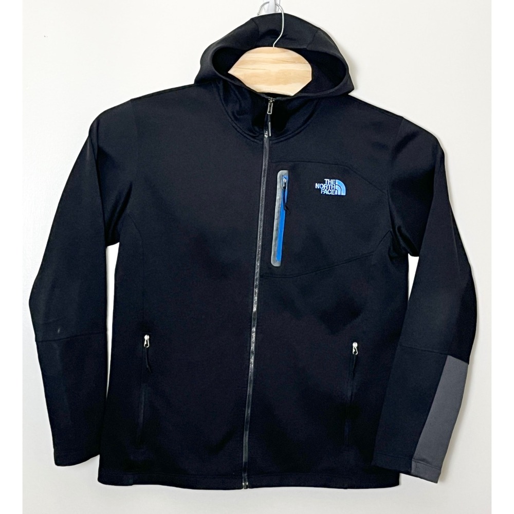 The North Face Mens Black Softshell Full Zip Hoodie Jacket Blue Logo Large
